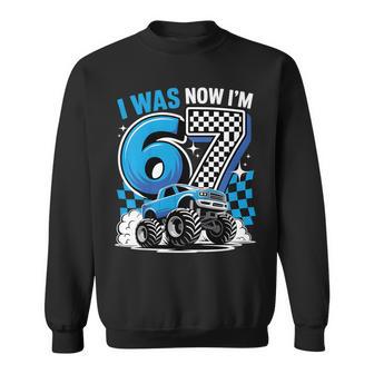 Blue Checkered Monster Truck I Was 6 Now I'm 7 Birthday Boy Sweatshirt - Thegiftio