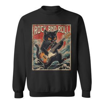 Cat Playing Bass Guitar Rock On Vintage Rock Guitarist Cat Sweatshirt - Seseable