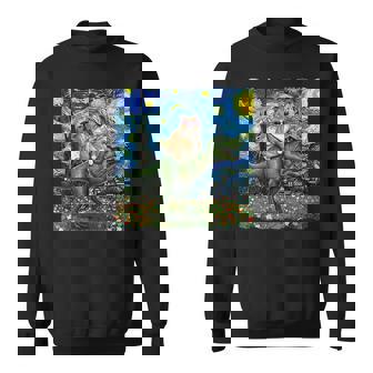 Cat Riding Dinosaur T-Rex Starry Night Van Gogh Cat Lover Sweatshirt | Mazezy