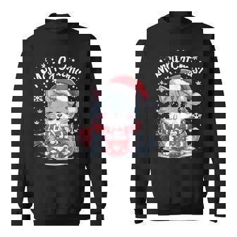 Christmas Outfit Kawaii Cat Santa Hat Hot Cocoa Merry Catmas Sweatshirt - Thegiftio