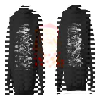 Cute Christmas Tiger With Glasses Santa Hat Festive Animal Sweatshirt - Seseable