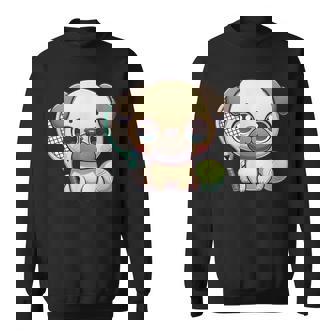 Cute Pug Puppy With Tennis Racket And Ball Kawaii Sweatshirt Unisex | Mazezy