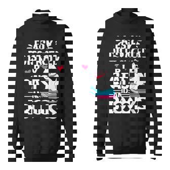 Easily Distracted By Cats And Books Cute Cat And Book Lovers Sweatshirt - Thegiftio