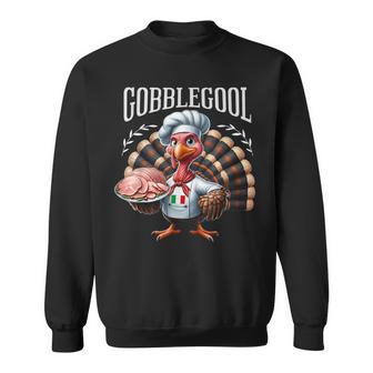 Gobblegool Turkey Cheef Adults Thanksgiving Retro Cartoon Turkey Black Small Short Sleeve Sweatshirt - Monsterry