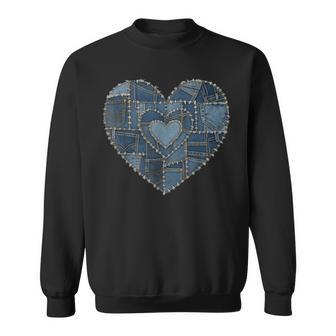 Grunge Heart Aesthetic Blue Denim Patchwork Graphic Sweatshirt - Thegiftio UK