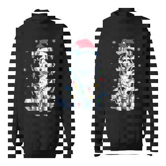 Husky Dog Christmas Lights Santa Hat Family Xmas Pajamas Sweatshirt | Mazezy