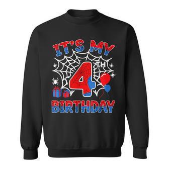 Its My 4Th Birthday Boy 4 Year Old Spider Web Birthday Party Sweatshirt | Mazezy