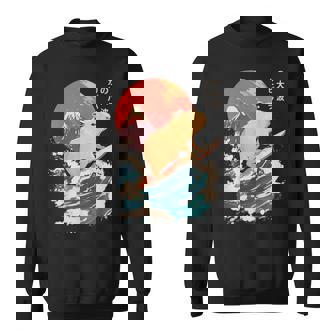 Japanese Capybara Surfing Wave Great Wave Japan Sweatshirt - Monsterry