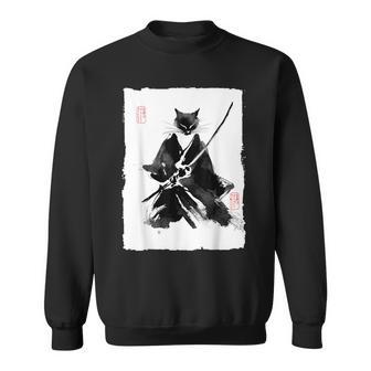 Ninja Cat Samurai Japanese Sumi-E Ink Painting Vintage Sweatshirt - Thegiftio UK