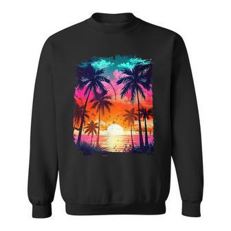 Orange And Aqua Sunset With Silhouetted Palm A Trees Beach Sweatshirt - Monsterry