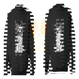 Papillon Dog Christmas Reindeer Lights Dog Lover Xmas Sweatshirt | Mazezy