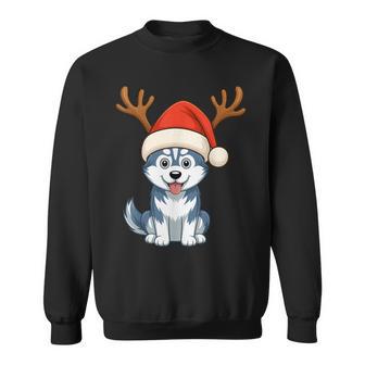 Reindeer Santa Hat Husky Dog Christmas Holiday Sweatshirt - Thegiftio UK