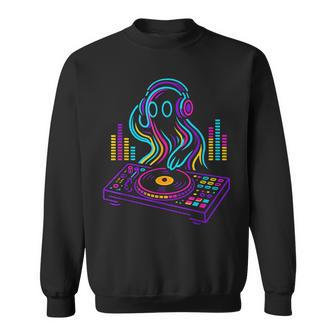 Retro Ghost DJ Mixing Decks Vibrant Rave Style Sweatshirt Unisex | Mazezy