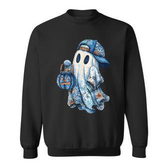 Retro Halloween Blue Denim Ghost Patchwork Spooky Season Sweatshirt - Thegiftio UK