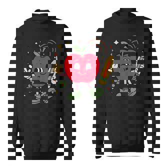 Retro School Apple With Face And Teacher’S Pencil Sweatshirt - Thegiftio