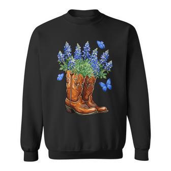 Texas Independence Day Cowgirl Boots & Bluebonnet Flowers Sweatshirt - Seseable