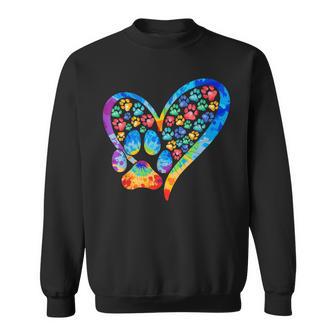 Tie Dye Love Dog Paw Print Heart Animal Lover Sweatshirt - Thegiftio