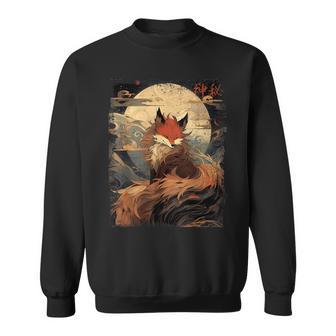 Vintage Japonés Paisaje Kitsune Fox En La Luna Noche Camisa de entrenamiento - Regaloses