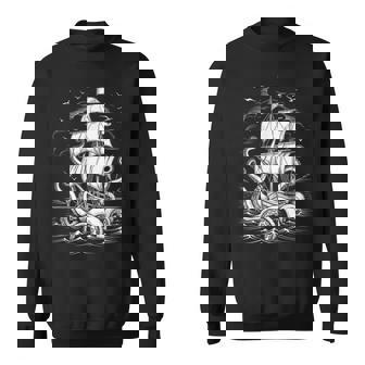 Vintage Octopus Vs Ship Vintage Nautical Art Pirate Sailing Sweatshirt Unisex | Mazezy