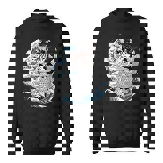 Whimsical Kitty Surfing Koi Fish Japanese Wave Ocean Art Sweatshirt Unisex | Mazezy