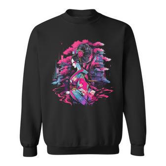 桜と芸者、サイバーパンク・イラストレーション スウェットシャツ - Kawaiitshirt