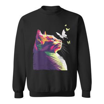 蝶と美しいカラフルな猫、パープル スウェットシャツ - Kawaiitshirt