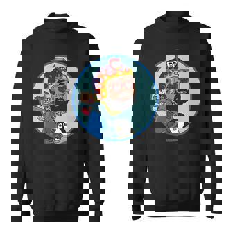 赤ちゃんをおんぶしたファンキー男 ハート型のサングラス ミニダルマ ヒゲ ファイヤーパターンのヘルメット スウェットシャツ - Kawaiitshirt