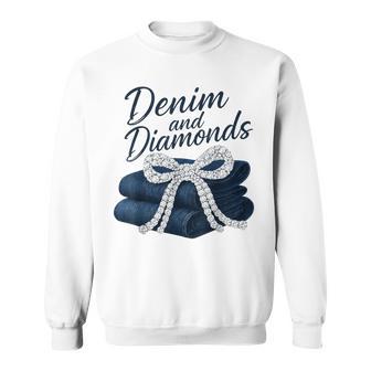 Denim And Diamonds Bow Glam Cowgirl Western For Ladies Sweatshirt - Seseable