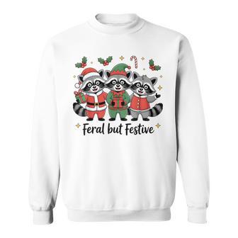 Feral But Festive Christmas Cute Raccoon Elf Santa Hat Sweatshirt - Thegiftio UK