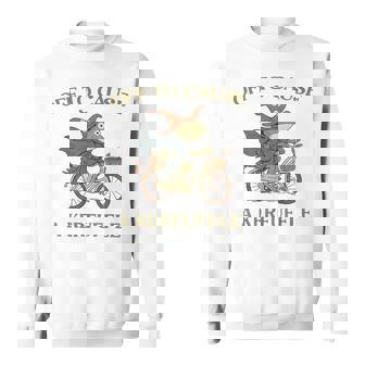 Off To Cause A Kerfuffle Frog Witch Bicycle Forest Ride Sweatshirt Unisex | Mazezy