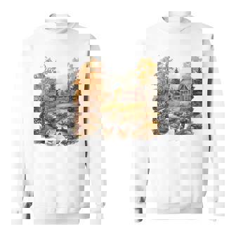 Retro Chickens And Red Barn Crew Neck For Fall Sweatshirt Unisex | Mazezy