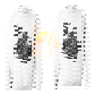 Thanksgiving Turkey Motorcycle Bigfoot Chase Humor Sweatshirt Unisex | Mazezy