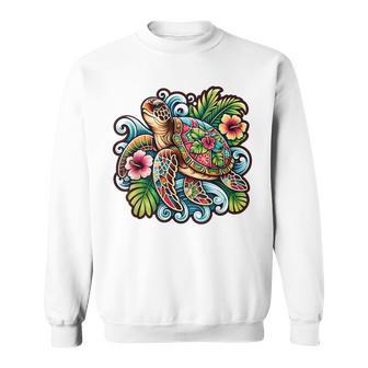 アロハ ウミガメ ハワイアン ホヌ フラワー ウェーブ オーシャン スウェットシャツ - Kawaiitshirt