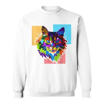 ペイントされた猫の顔 カラフル レインボー アートデザイン ギフトに最適 スウェットシャツ - Kawaiitshirt
