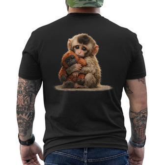 Baby Monkey Hugging Plush Cute Japanese Macaque Meme Men's T-shirt Back Print - Thegiftio