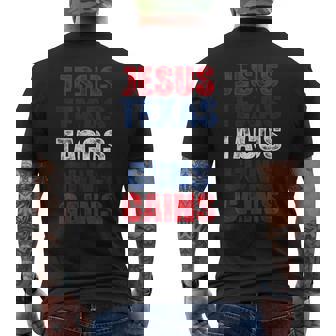 Bold Humor Jesus Texas Tacos Guns Gains Men's Back Print T-Shirt | Mazezy