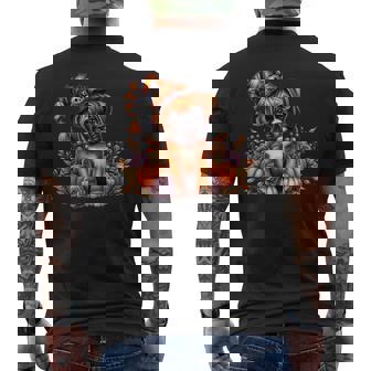 Boxer Dog Halloween Witch Graphic With Floral Fall Pumpkins Men's Back Print T-Shirt | Mazezy