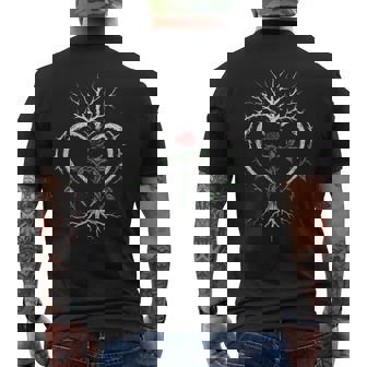 Christian Cross Rose Thorns Heart Vine Punk Art Distressed Men's Back Print T-Shirt | Mazezy