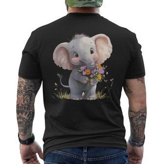 Cute Elephant Holding Colorful Flowers Men's T-shirt Back Print - Thegiftio UK