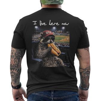 Raccoon Ballfield Hot-Dog Baseball I Live Here Now Men's T-shirt Back Print - Thegiftio