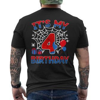 Its My 4Th Birthday Boy 4 Year Old Spider Web Birthday Party Men's T-shirt Back Print | Mazezy