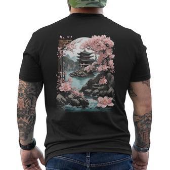 Japanische Chinesische Tempelakura Kirschblüte Landschaft T-Shirt mit Rückendruck - Geschenkecke