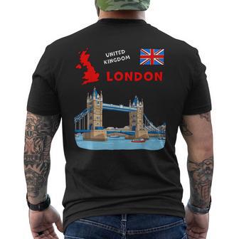 London United Kingdom Souvenir Tower Bridge & UK Flag Men's Back Print T-Shirt | Mazezy