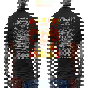 Love Driving Thanksgiving Turkey On Fire Truck Fall Pumpkins Men's Back Print T-Shirt | Mazezy