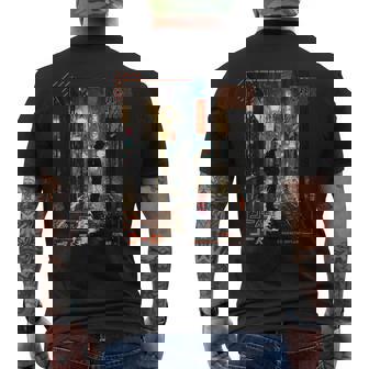 Man Standing In Japanese Cyberpunk Retro Vaporwave Aesthetic Men's Back Print T-Shirt | Mazezy