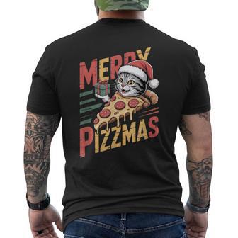 Merry Pizzmas Christmas Cat Pizza Lover Xmas Cat Lover Men's Back Print T-Shirt | Mazezy