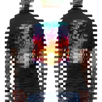 Orange And Aqua Sunset With Silhouetted Palm A Trees Beach Men's T-shirt Back Print - Monsterry