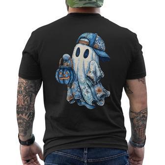 Retro Halloween Blue Denim Ghost Patchwork Spooky Season Men's T-shirt Back Print - Thegiftio UK