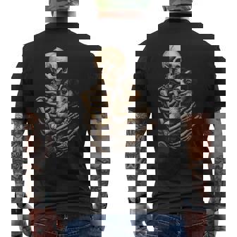 Skeleton Hugging Dog Australian Shepherd Halloween Men's Back Print T-Shirt | Mazezy