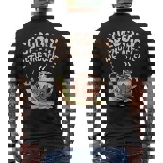 Snail Coffee Humor Slow Morning Caffeine Energy Men's Back Print T-Shirt | Mazezy